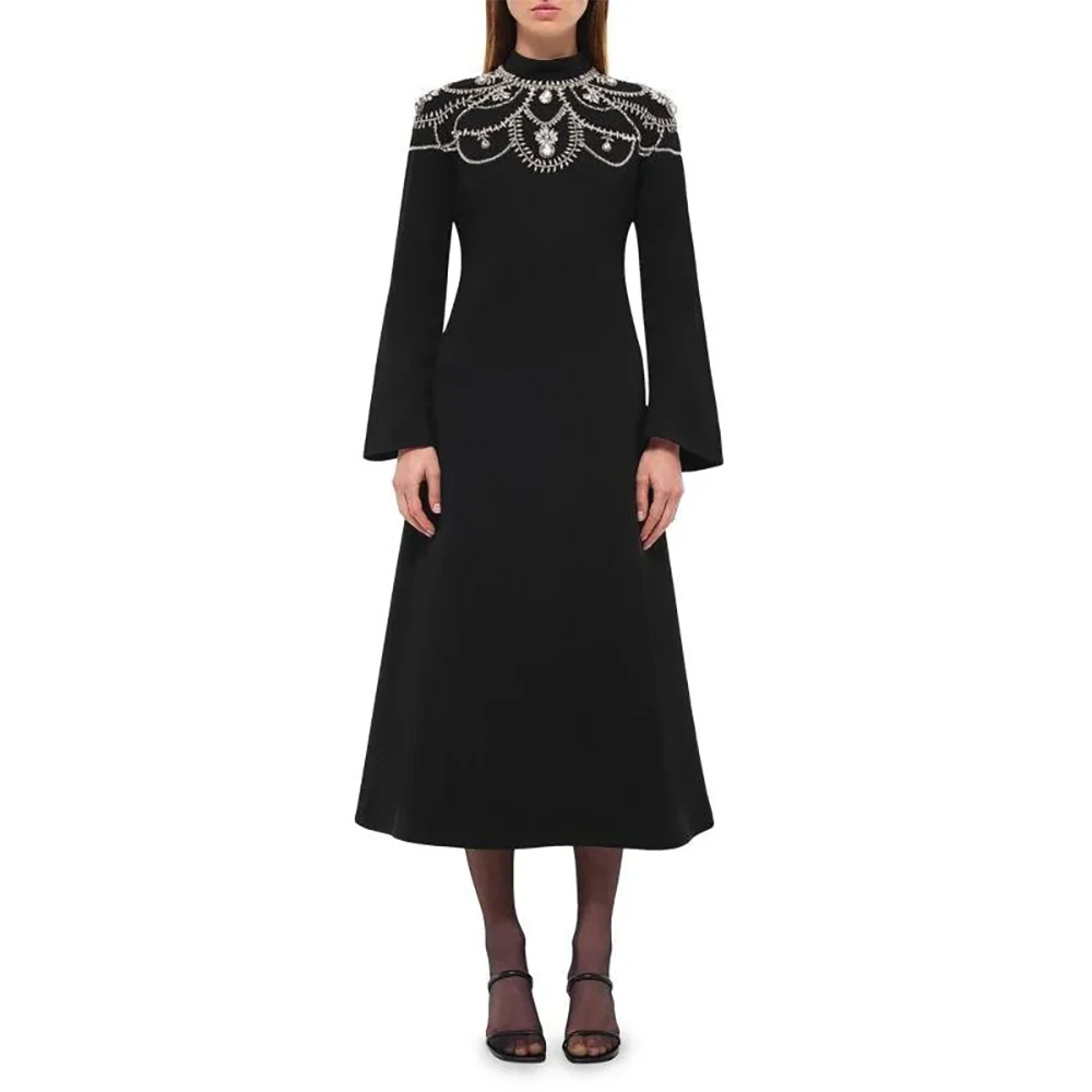 

Black Wedding Guest Dress Customized High Neck Long Sleeves Crystal Beading A Line Evening Dresses A Line Tea Length Party Dress