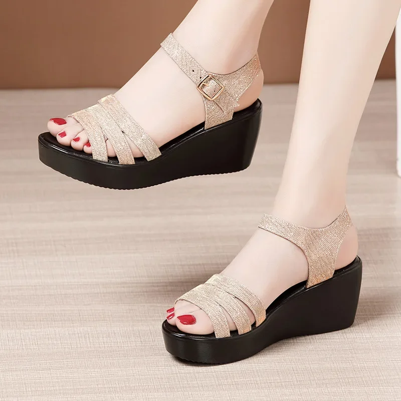 6cm Small Size 32-43 Gold Silver Wedding Office Medium Heels Wedges Shoes for Women Summer 2024 Beach Platform Sandals