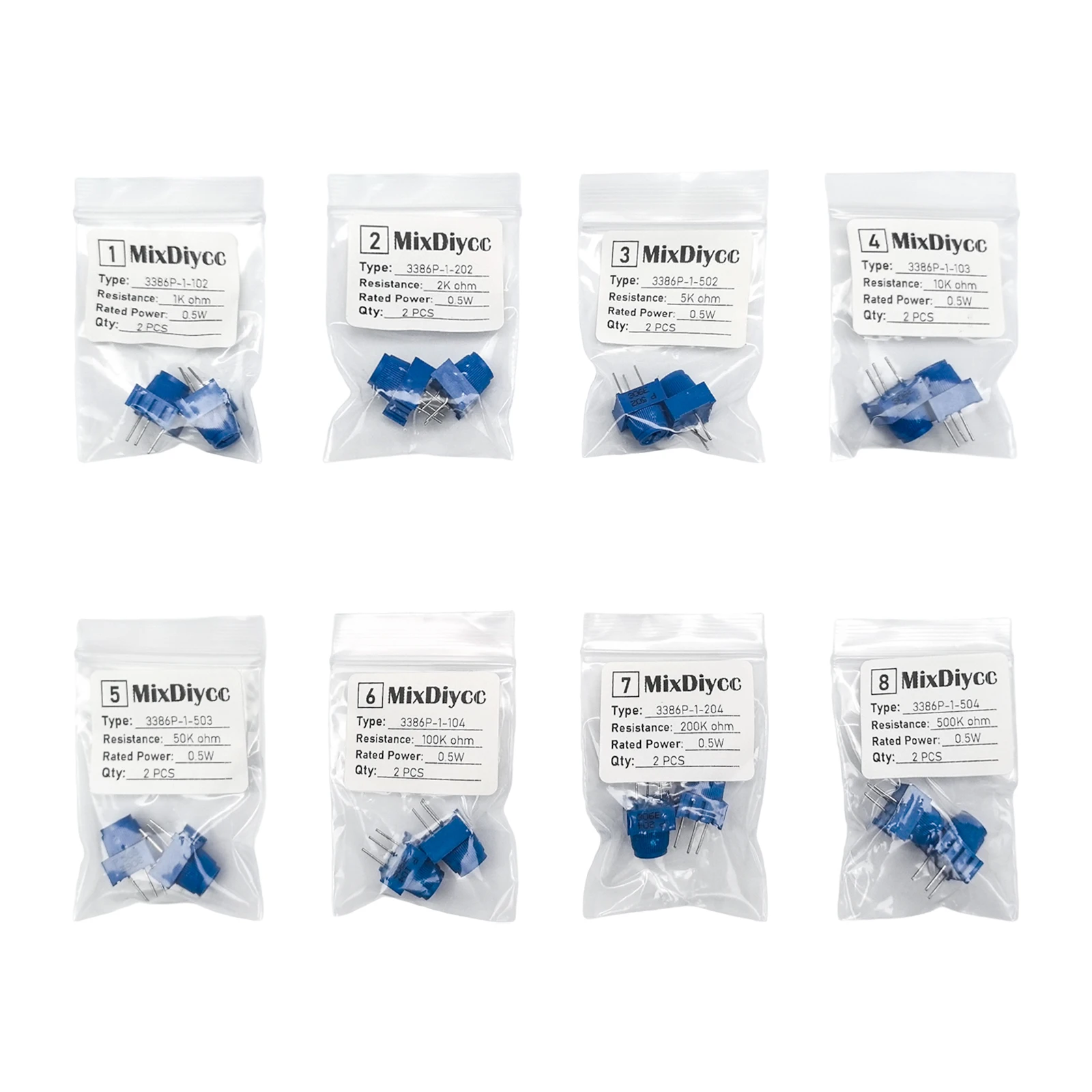 8 Values 3386P Trim Potentiometer Kit With Knob 1k/2k/5k/10k/50k/100k/200k/500k ohm 102/502/103/503/104 Resistor Total 16 Pcs