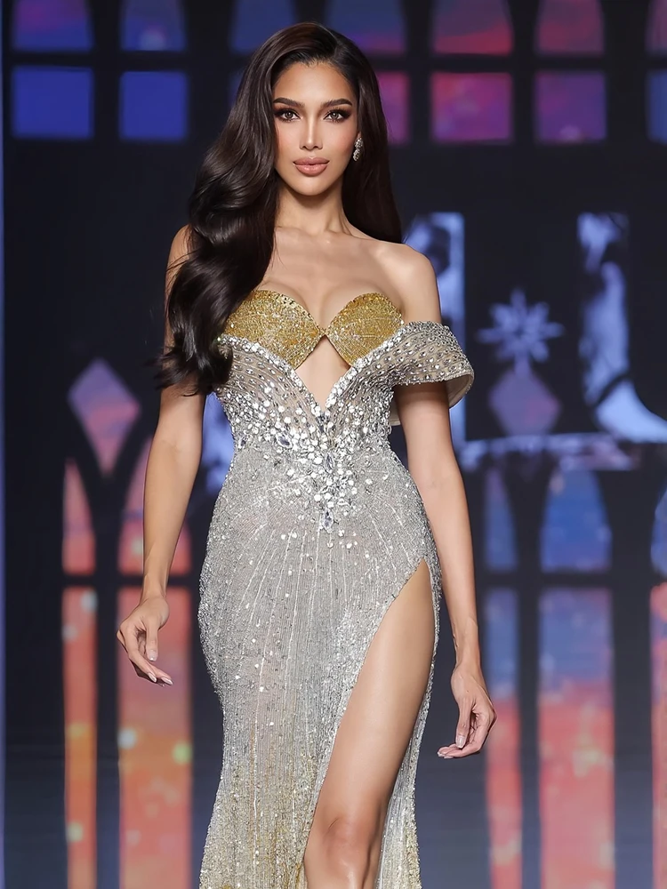 Zomerfeestavond Kristallen Details Pailletten Lange maxi-jurk Korte mouwen Uitgesneden holle bodycon-cocktailjurken met hoge split