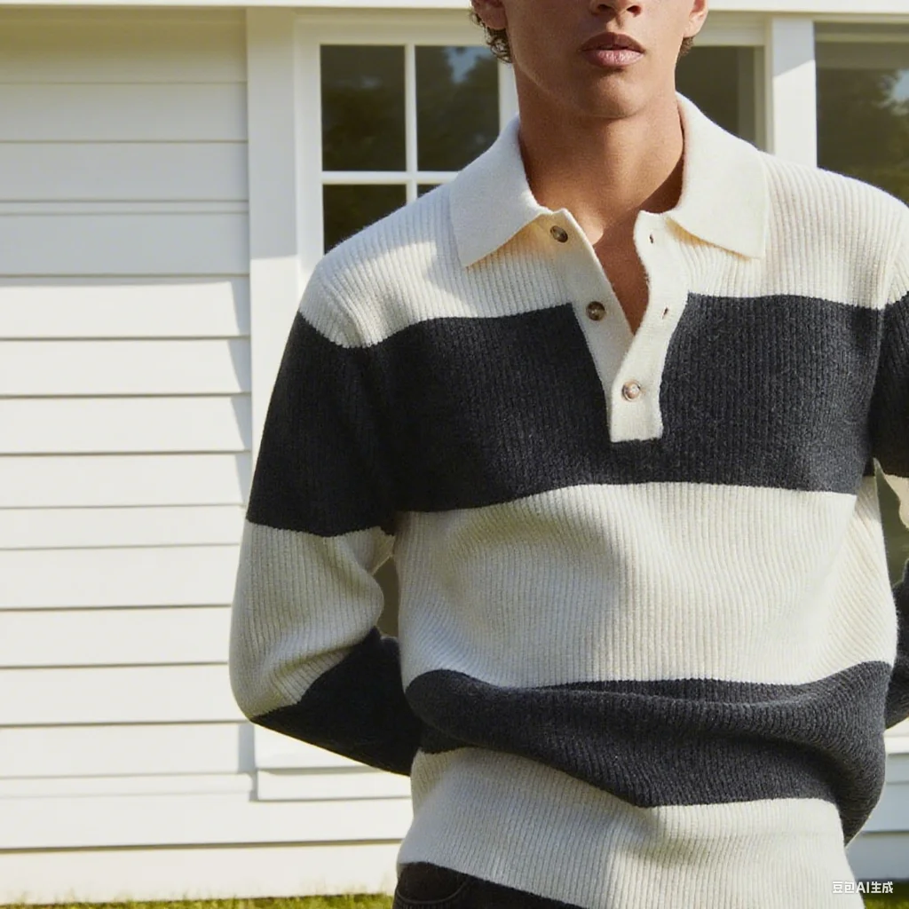 

Зимний вязаный свитер-поло, мужской полосатый свитер с тонкой нитью, вязаный свитер с лацканами и пуговицами, полупланка на заказ