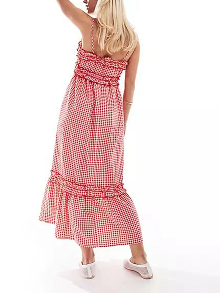 Y2K Gingham Long Dress Women Plaid Ruffles Sleeveless Spaghetti Strap Dress Summer Casual Cami Dress Party Clubwear