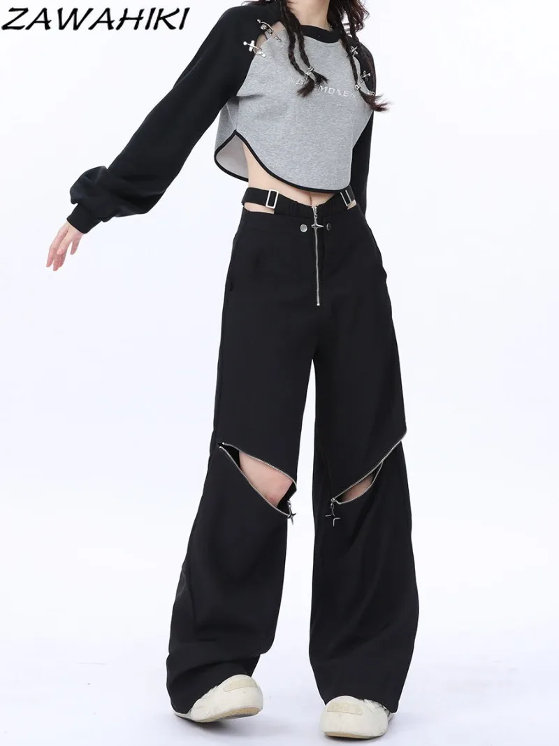 Joggers Women Solid Zipper Designed Loose Fashion Vintage Wide Leg Pants + Patchwork Contrast Color Letter Print Sweatshirt