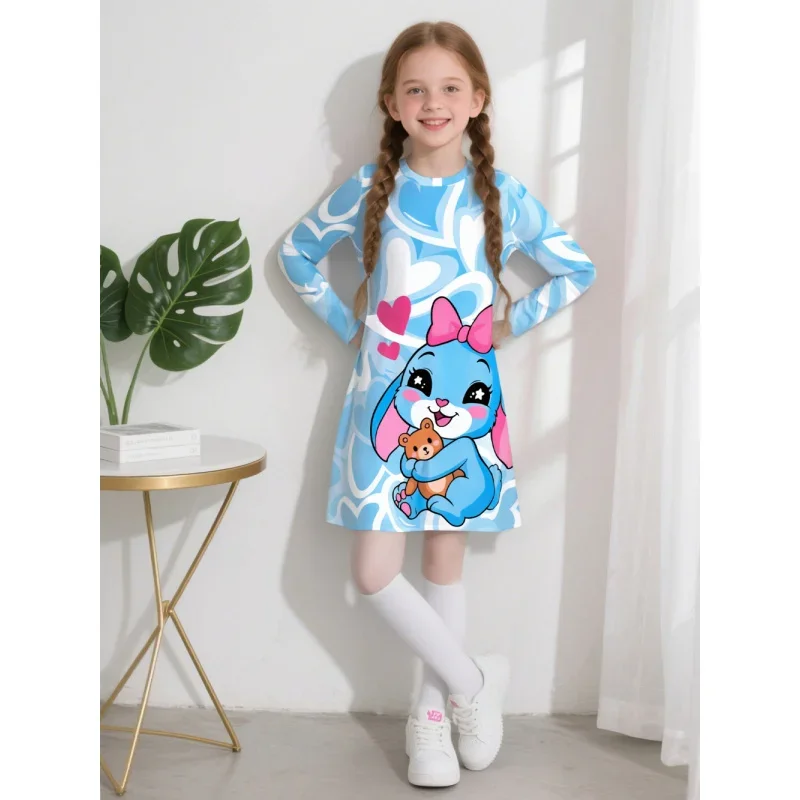 

2026 Cute Bunny And Heart Print round Neck Long Sleeve Fashion Dress for Young Girls - Stylish And Trendy Dress
