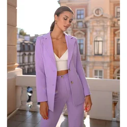 Lilac Solid Women Pants Sets Two Piece Summer Chic Notch Lapel Single Breasted Outfits Basic Smart Casual Slim Female Suit