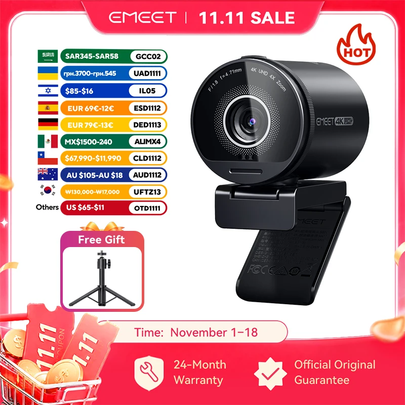 4K 웹캠 UHD 웹 카메라 HDR 스트리밍 비디오 카메라(소니 센서 포함) EMEET S800 USB 웹캠(듀얼 노이즈 캔슬링 마이크 포함)