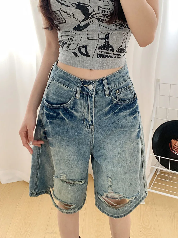 

Ретро джинсовые шорты с высокой талией для женщин, летние, новые, с оригинальным дизайном, с эффектом потертости, широкие, укороченные, повседневные