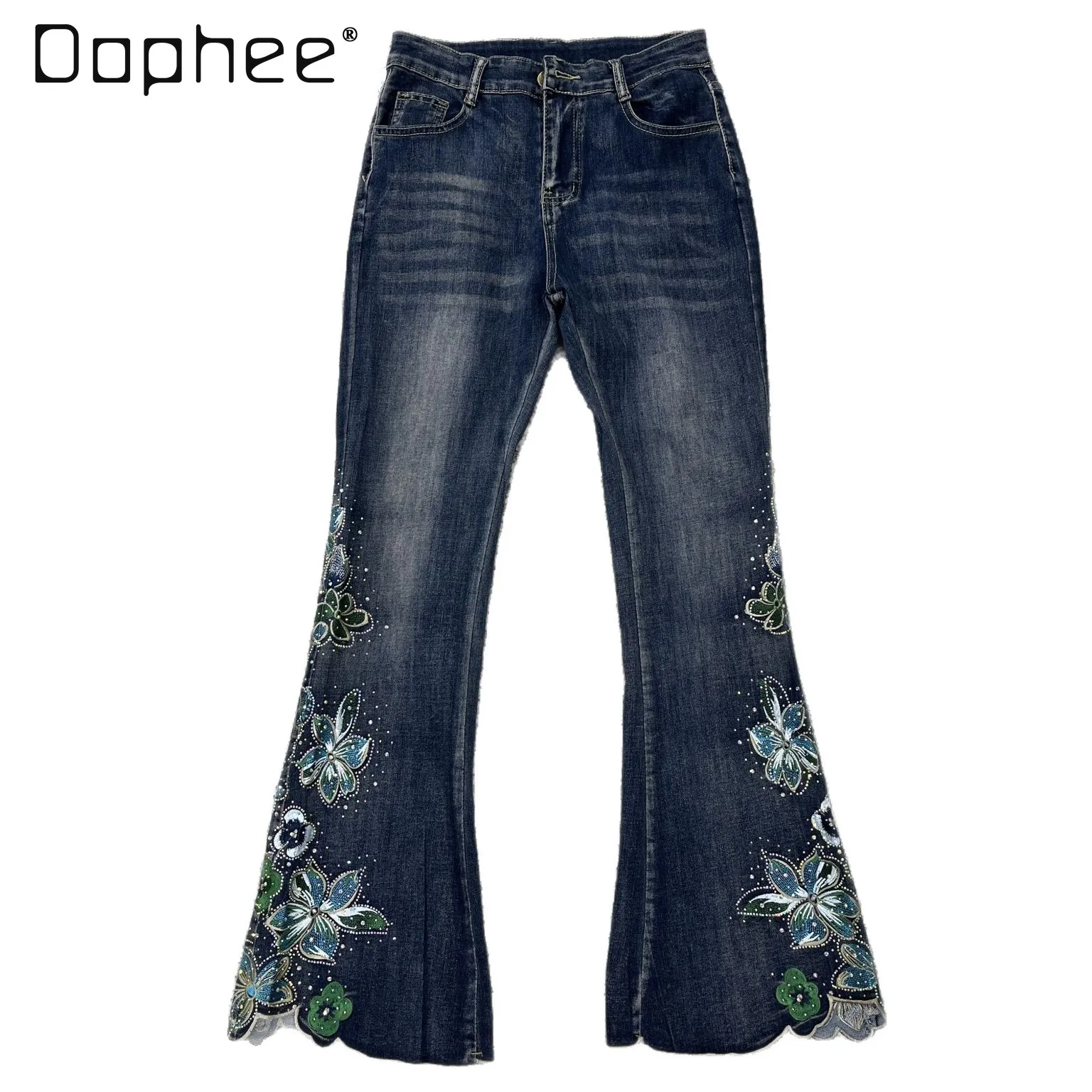 

Heavy Embroidery Rhinestone Denim Pants for Women Slim Fit National Style Retro Flared Pants Trendy Black Jeans
