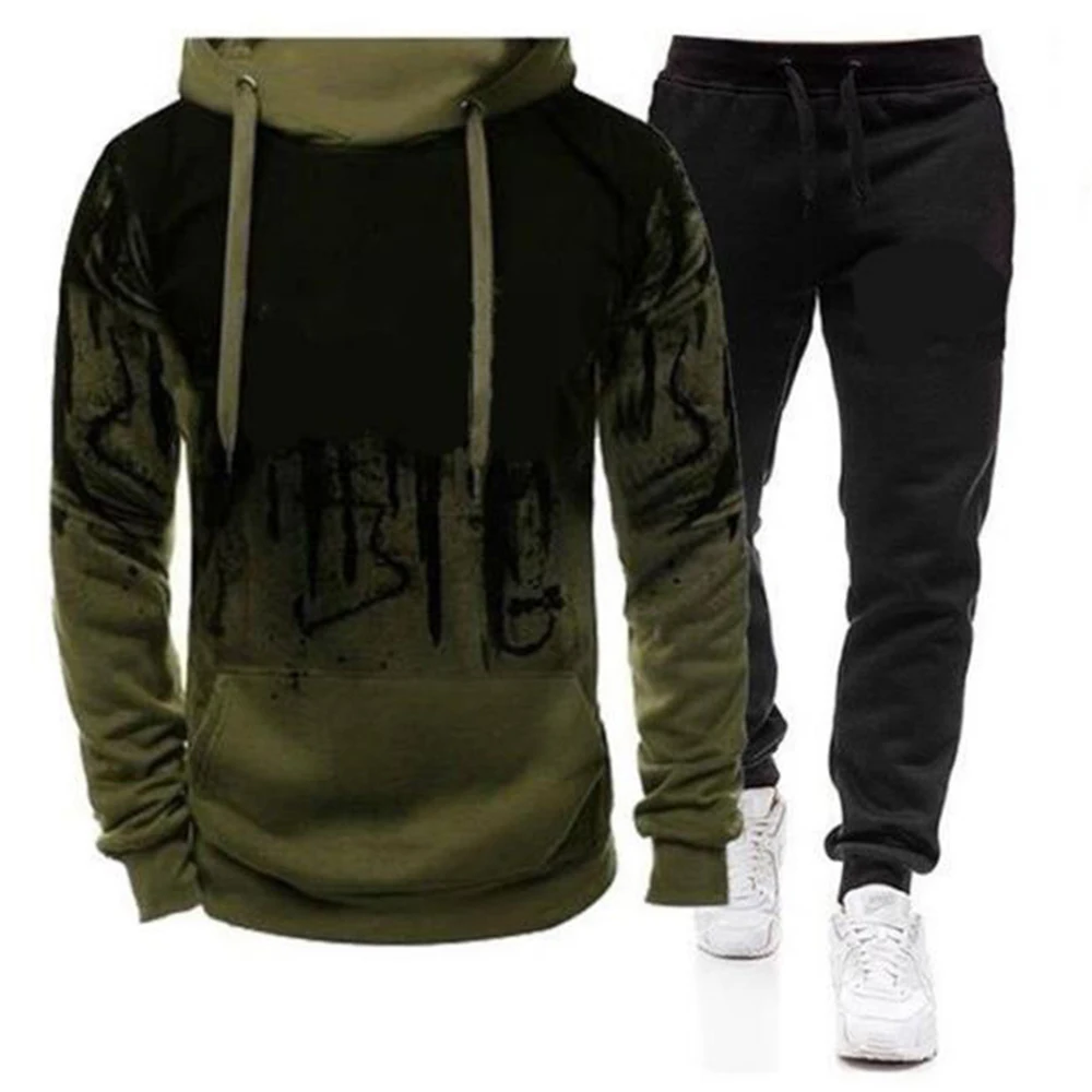 Spring Autumn Men's Tracksuit Splash Ink Hoodies + Jogger Pants 2 Piece Sets Casual Fitness Male Personality Gradient Sportswear