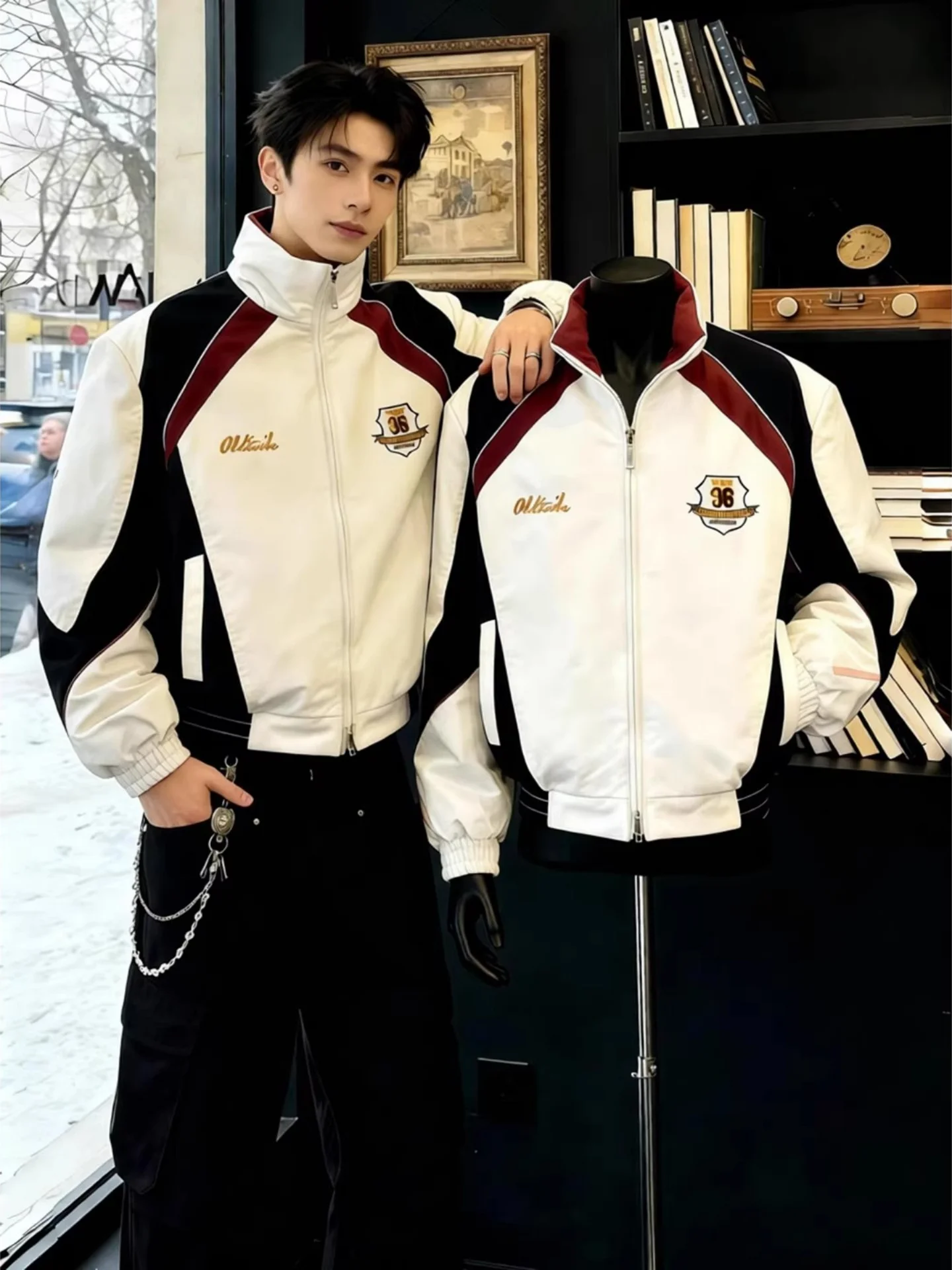 

Warmth Thiened Cotton Jaet Men's Winter Outerwear Embroidered Stand Collar Motorcycle Sle Youth Faion Stand Fit