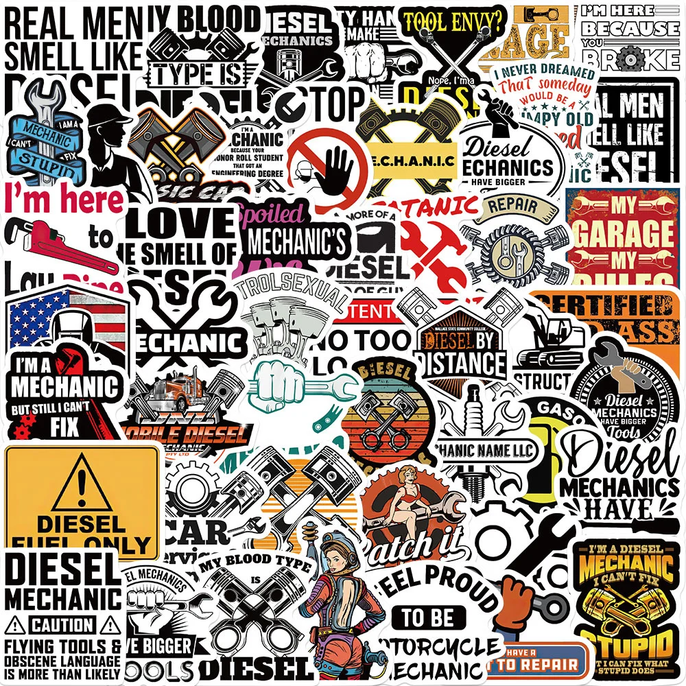 50 Stück Cartoon-Dieselmotor-Mechaniker-Aufkleber aus PVC-Material, dekorative DIY-Helm-, Handy- und Scrapbook-Aufkleber, wasserdicht, für den täglichen Gebrauch