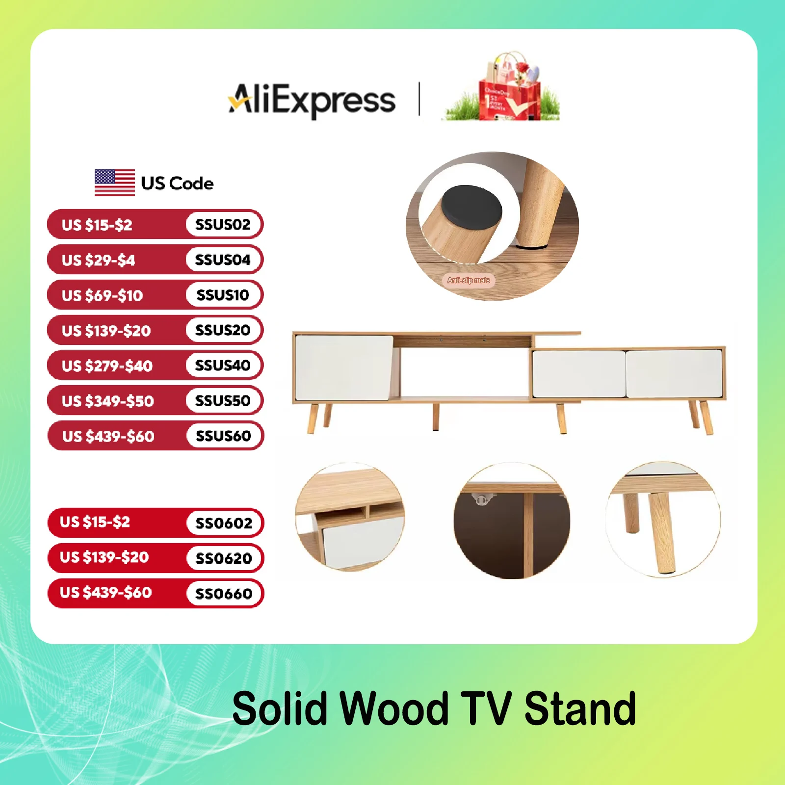 

Solid Wood TV Stand Modern Farmhouse Boho with Doors for the Living Room 120-200cm Length Adjustable Shelf