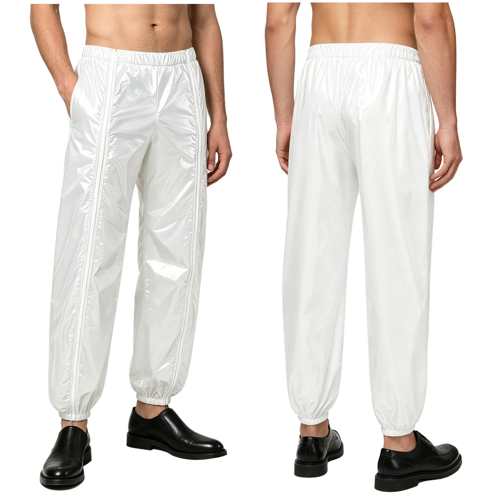 

Mens Womens Glossy Vinyl Waterproof Reusable Pants Elastic Waistband Sides Pockets Zippers Trousers Rave Party Clubwear Workwear