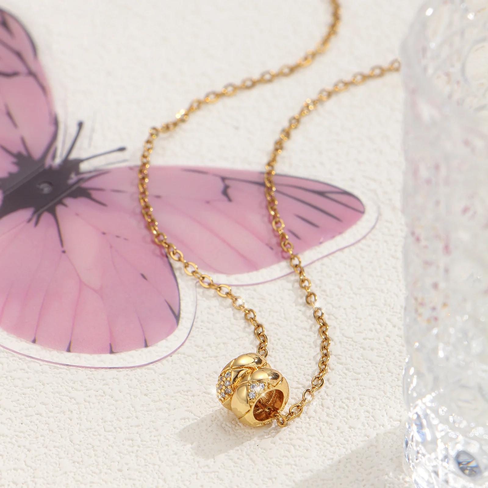

Golden Double Bead Pendant Necklace Partial Inlaid Cubic Zirconia Minimalist Jewelry Gift For Women