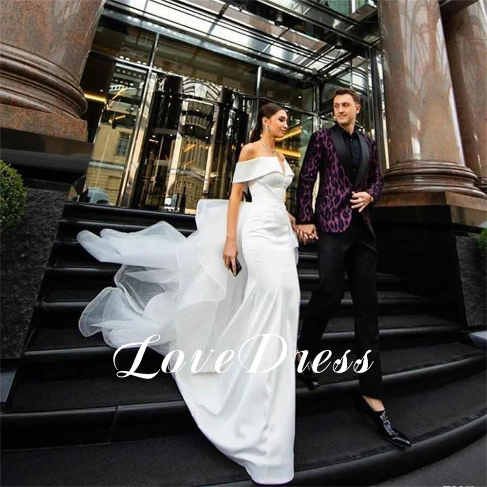 

Love Elegant V-Neck Off The Shoulder Meimaid Stain Wedding Dress Tulle Sleeveless Floor Length Backless Pleated Gowns Customized