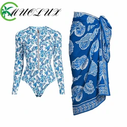 2024 New Long Sleeved Zipper Green Printed Surfing Suit Two-piece Set Sexy High Waisted One-piece Swimsuit Beach Bathing Suit