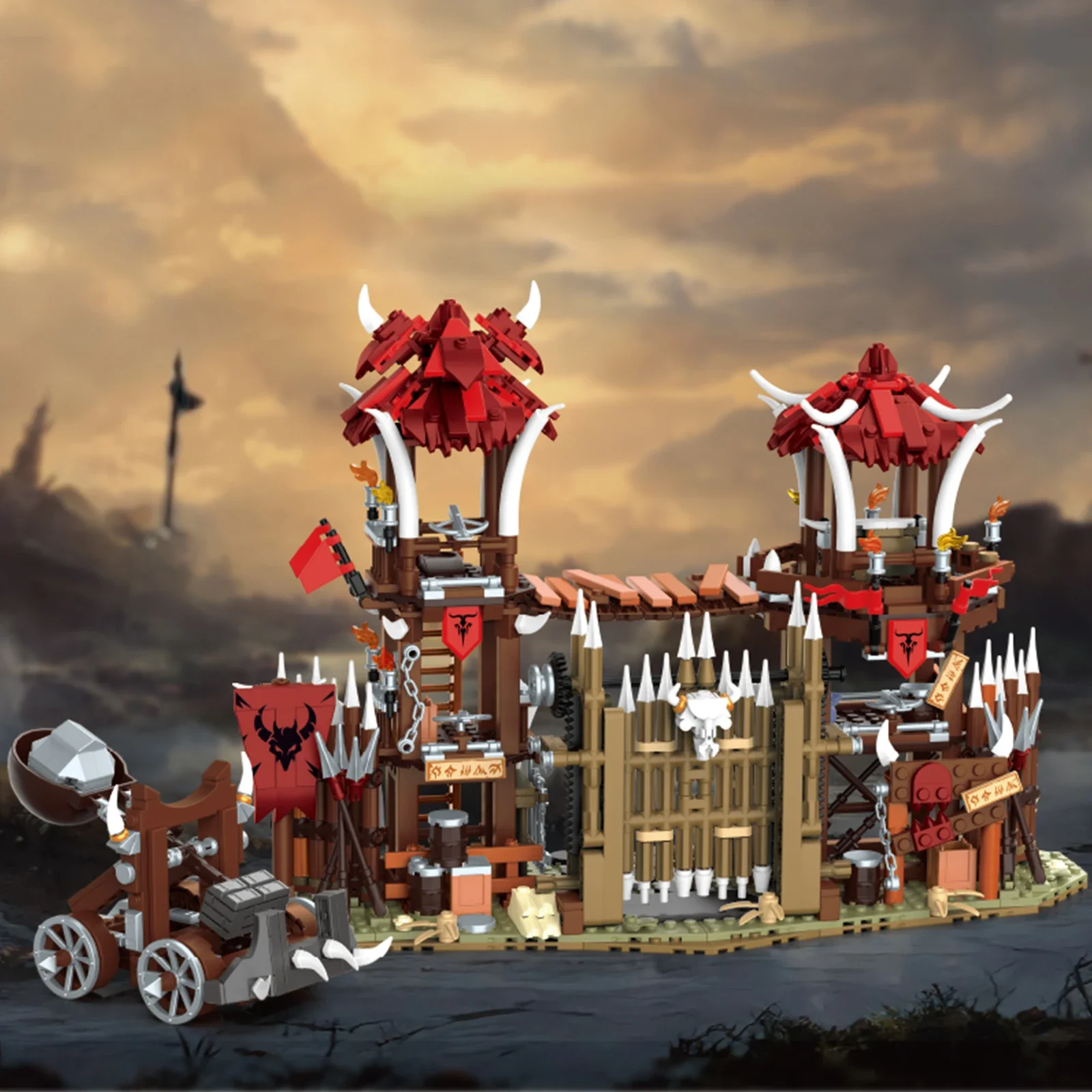 

1279PCS Bonefire Gate Building Blocks Primitive Orc Tribe Movable Gate Lookout Tower Catapult Model Birthday Gifts Assembly Toys