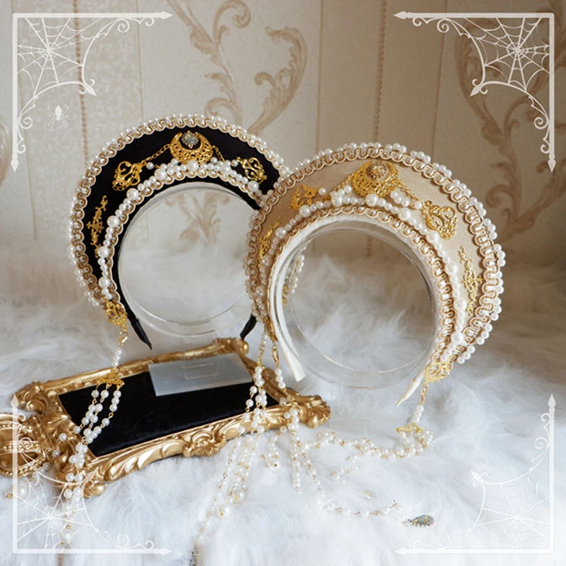 Hand-made Lolita Gothic KC Crown Palace Retro Gorgeous Bead Chain Tiara Renaissance Headband Vintage Baroque Hat Hair Ornaments