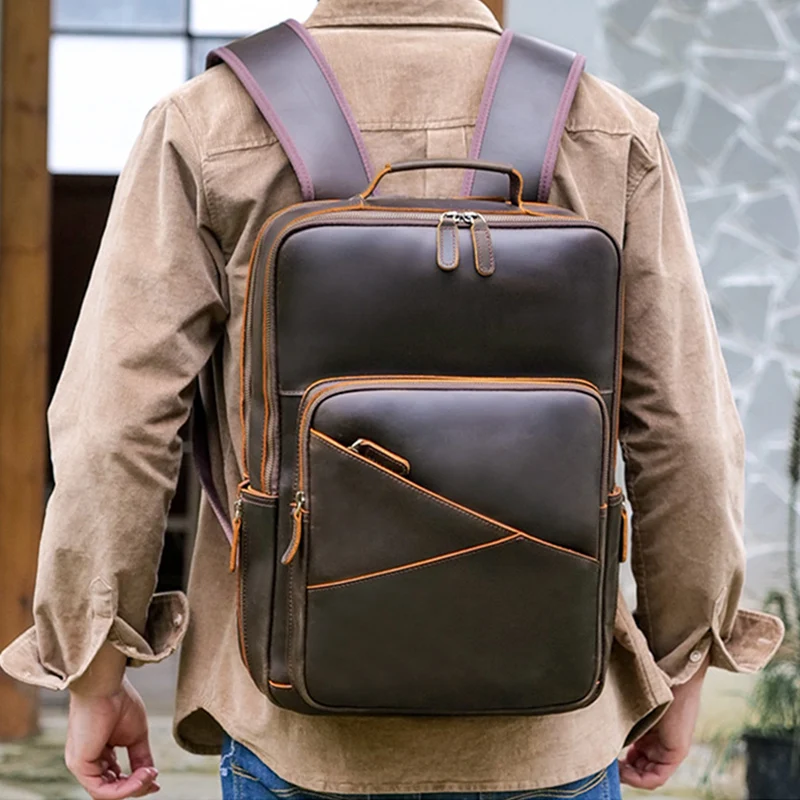 

Vintage Men's Backpack Cowhide Rucksack Large Classic Crazy Horse Leather Travel Backpack Big 15.6 " laptop Man Computer Daypack