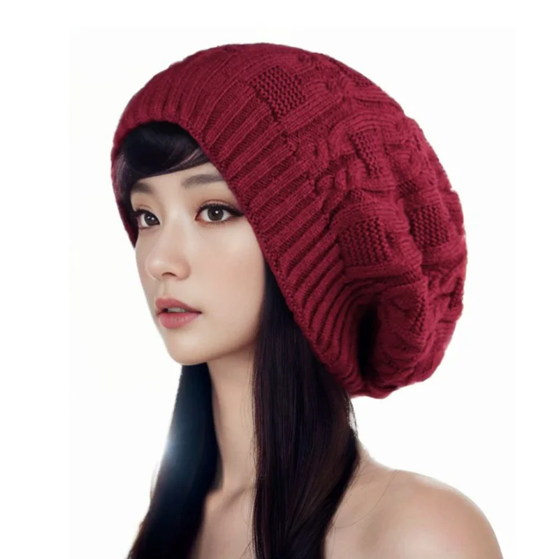 New Winter Beanie Skullies Hats for Women Colorful Big Size Warm Thick Knitted Hat Female Curling Pile Confinement Bonnet Cap