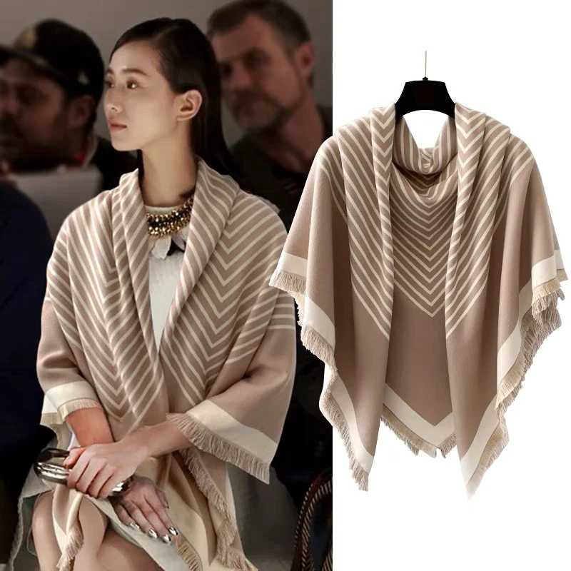 

Soft Thick Imitate Cashmere Large Square Scarf Popular Vortex Stripes Shawl Autumn Winter Women Pashmina Neckerchief Double Side