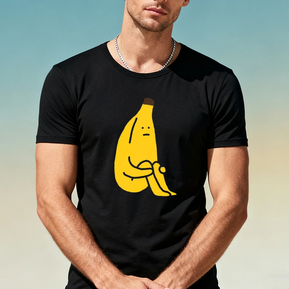 Trauriger sitzender Bananen-Charakter Herren Sommer T-Shirt – Minimalistisches, gemütliches Cartoon-Grafik-Freizeit-T-Shirt für den Alltag und Urlaub