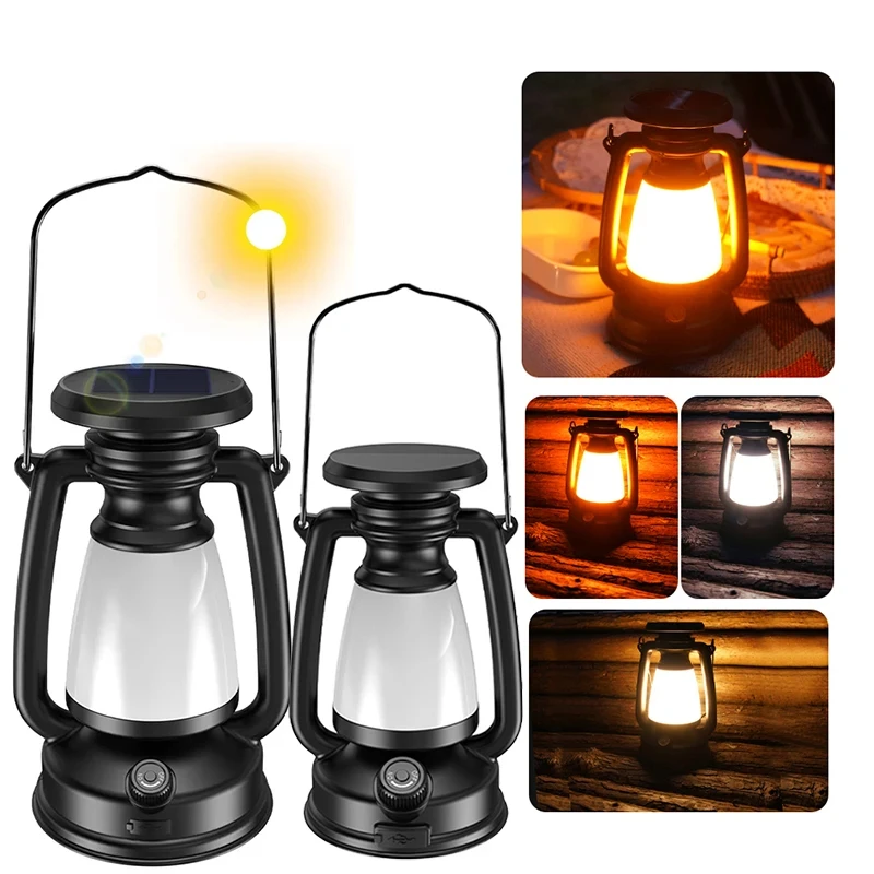 2Colors in 1 Dimming Portable Camping kerosene Lantern Shape USB Rechargeable Solar Charge Hanging Tent Lamp for Hiking Picnic