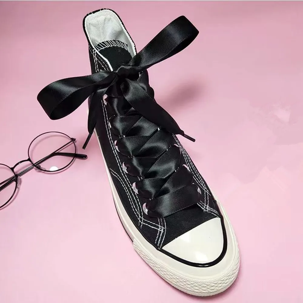 Fahion 2 cm Width Satin Silk Ribbon Shoelaces White Black Sneaker Sport Casual Leather Shoes High Low Top Canvas Shoes Laces