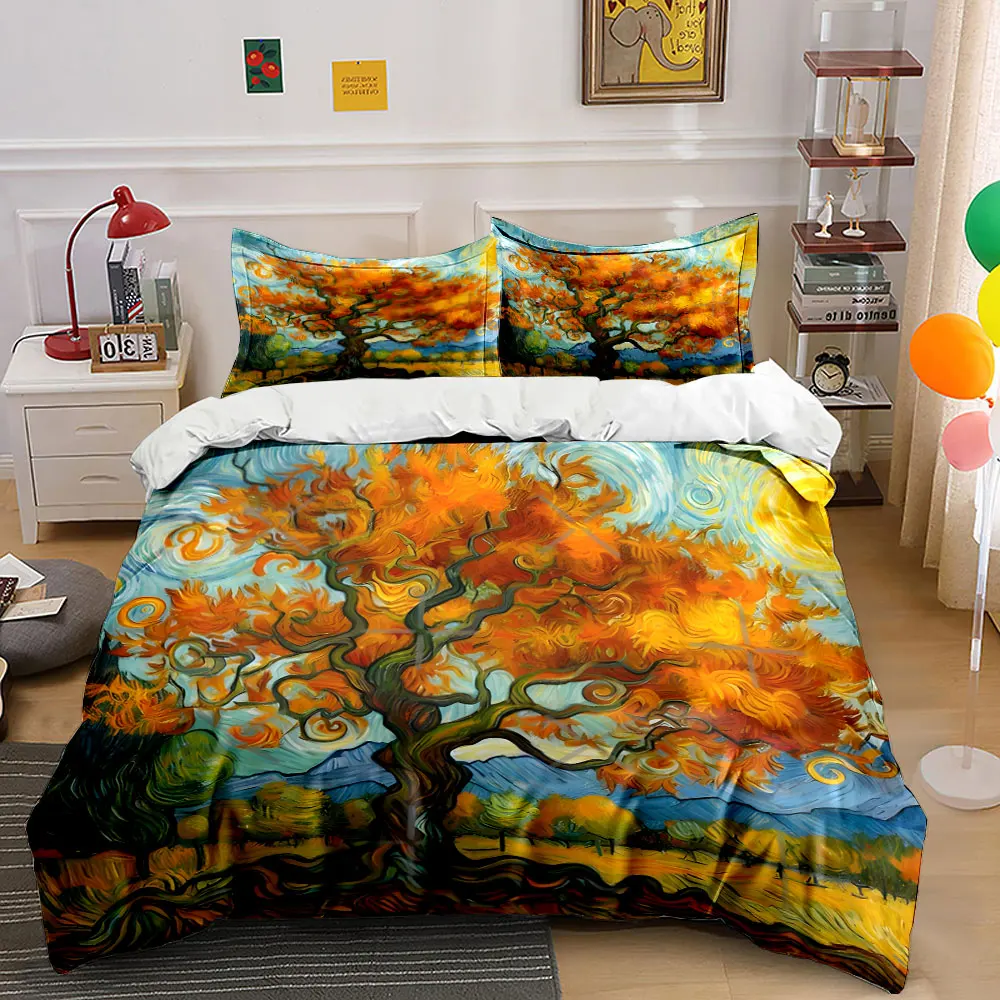 Colorful autumn tree Oil painting art Bedding Set 1 Duvet Cover 2 Pillowcases for Adult and Children Luxury Gift Full Size