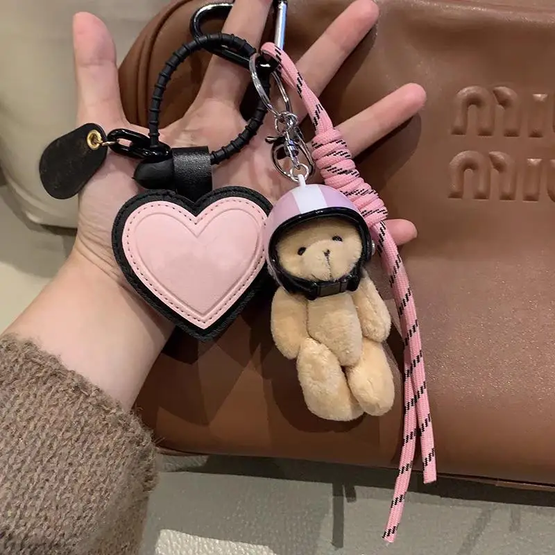 Lovely Helmeted Bear Charm Keychains Cute Y2K Plush Ornament Pendant Car Keyring Backpack Decoration Mini Bag Charm Jewelry Gift