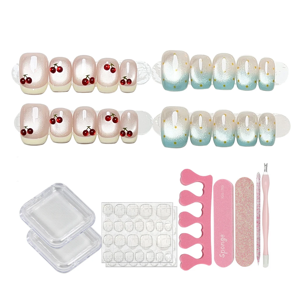 VITAGWX 20pcs Handmade Press on Nails 2 Sets 10pcs Fake Nails Short Square Nail Tips Cat-eye French False Nails with Tools