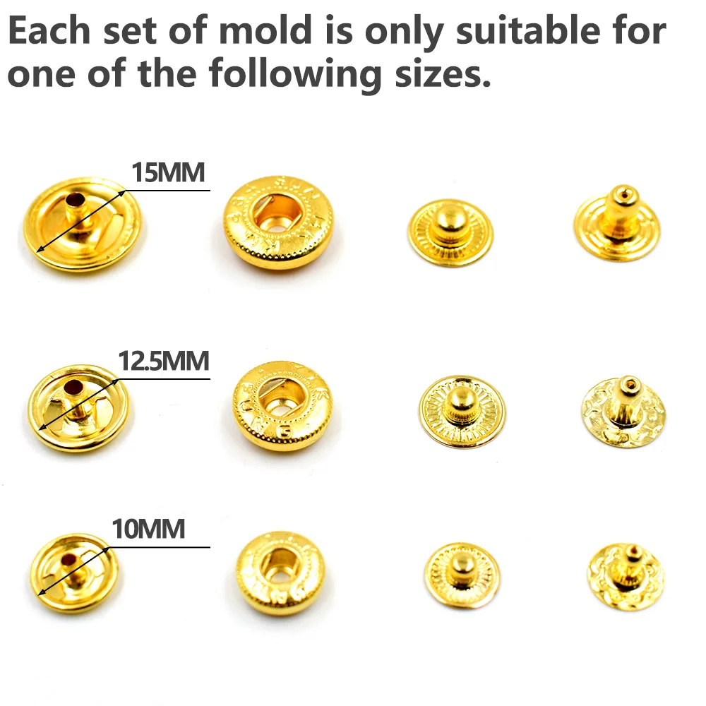 50 juegos de botones a presión de Metal dorados/bronce de 10mm/12,5mm/15mm con 1 Juego de molde de interfaz de rosca M6 combinado para herramienta