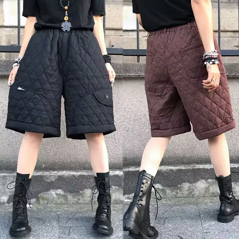 New High Waist Wide Leg Pants Autumn Winter Cotton Padded Warm Shorts Fashion Women Casual Ladies Shorts Black Boots Pants