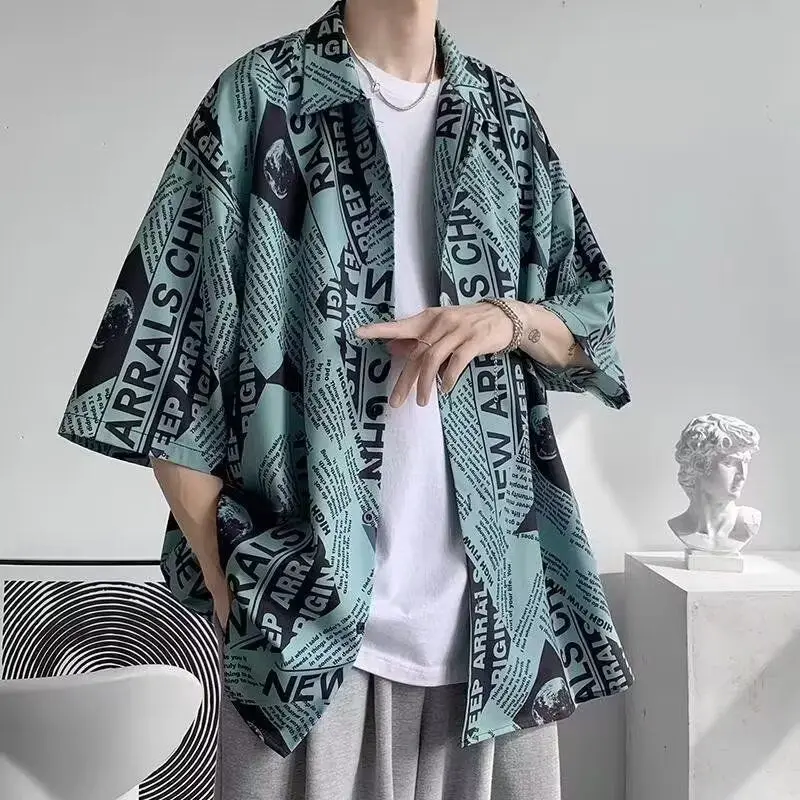 Newspaper Printed Shirt Couple 2025 Hong Kong Style Handsome Trendy Top Student Casual All-Match Loose Five-Part Sleeve