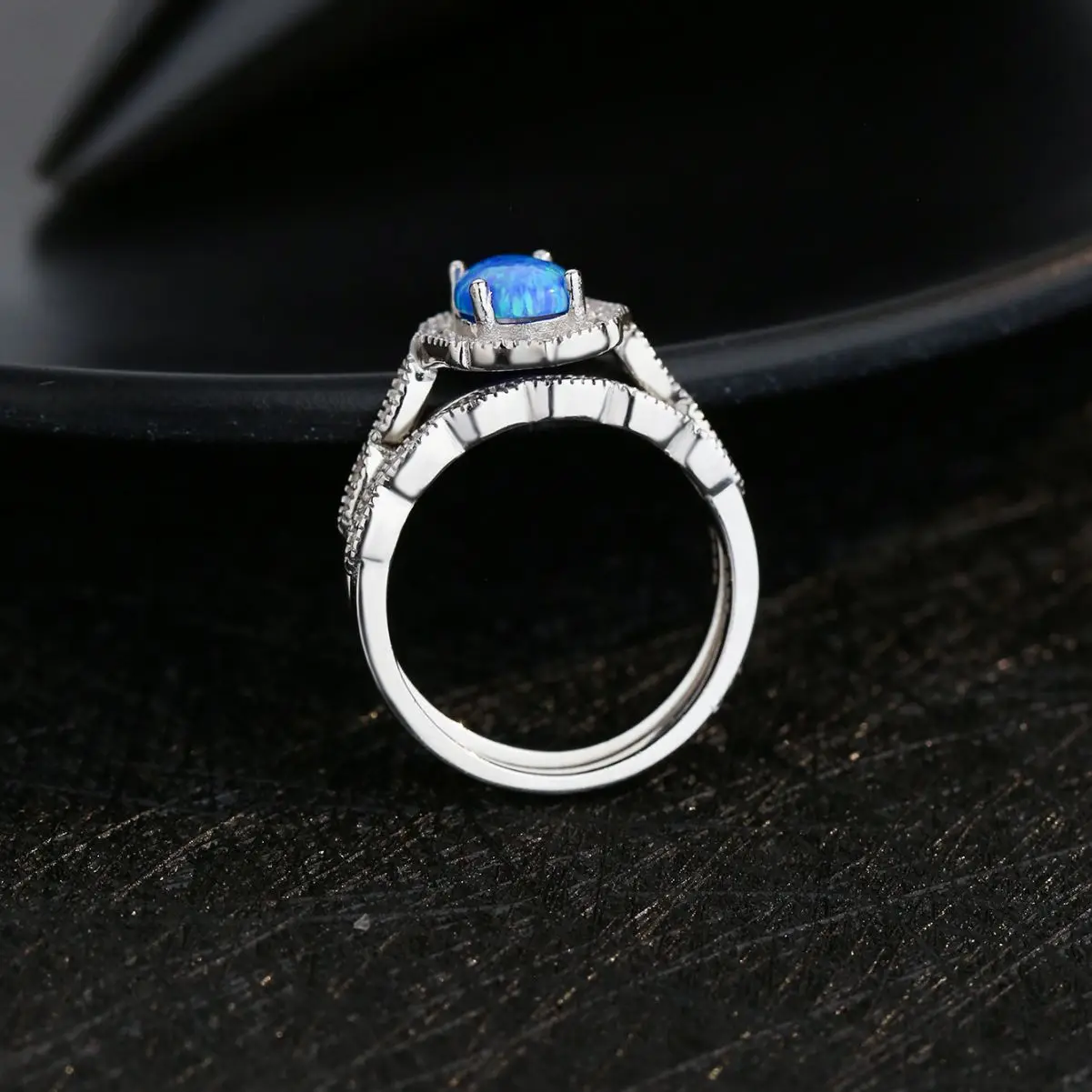 Pure 925 Silver Women's Combination Ring Consist of Ring Inlaid with a Row of Zircon and Ring Inlaid with Blue Opal and Zircon