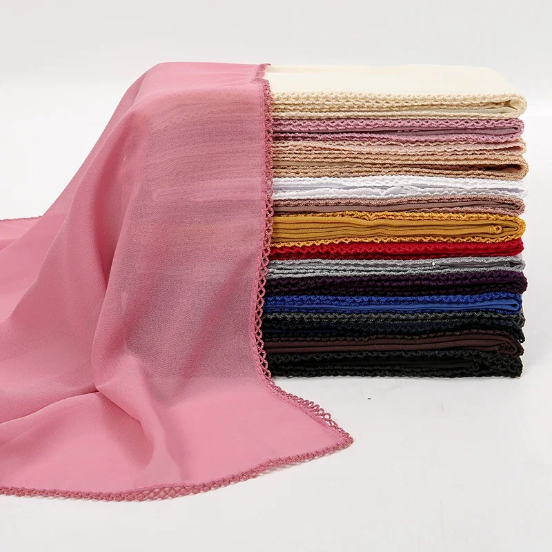 Premium Chiffon Hijab Scarf for Women Turban Veil Lace Stitching Scarves Muslim Hijabs Solid Color Woman Headscarf Shawl Ramadan