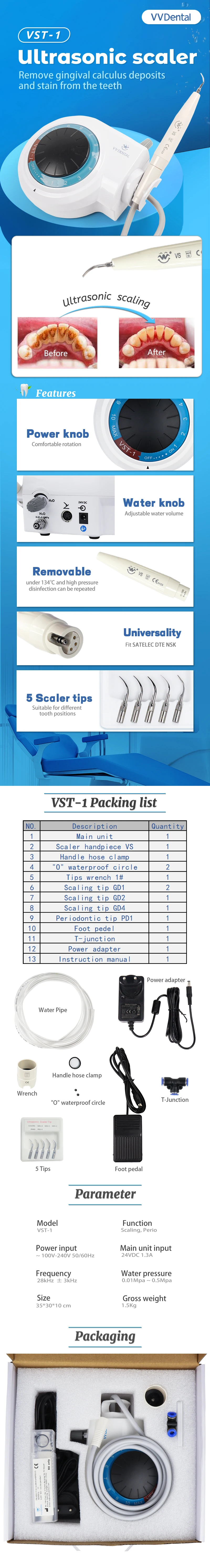 VST-1 Dentaler Ultraschall-Piezo-Scaler mit abnehmbarem Handstück, 5 Stück Spitzen, Zahnreinigungsgerät, passend für SATELEC DTE – Detail 2