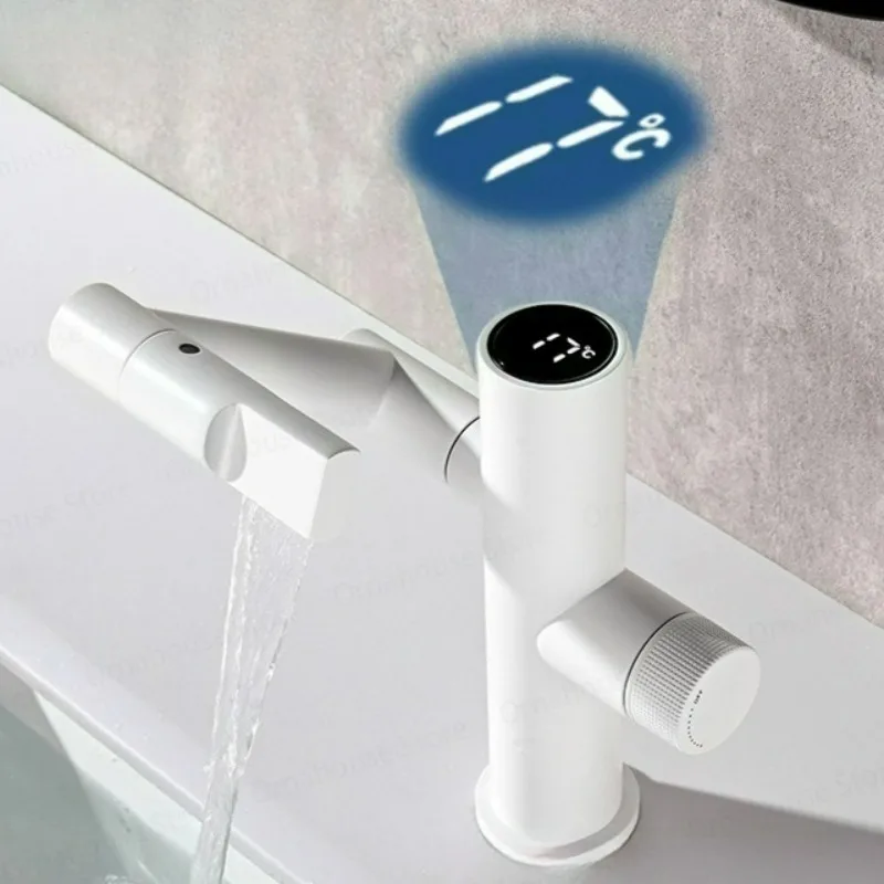

Cold Hot Digital Display Basin Faucets 360 Rotation White Washbasin Bathroom Household Deck Mount Sink Faucet White