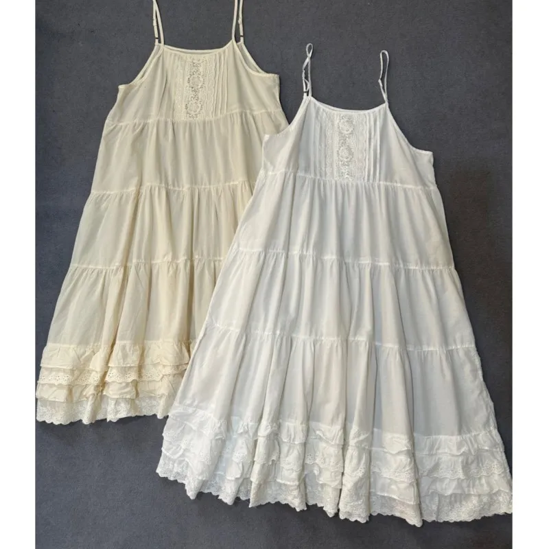 

Johnature Japanese Loose Sundresses 2025 Summer New Layered Versatile Multi-layered Lace Large Swing Cotton Base Women Dress