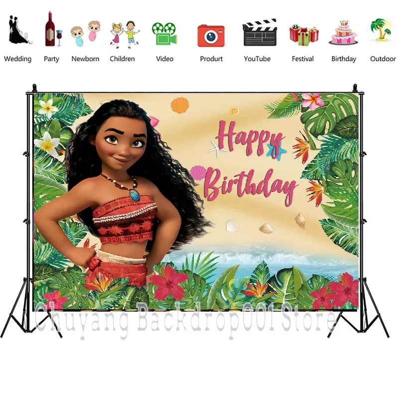 Disney Girls Moana tło do zdjęć księżniczka noworodka z okazji urodzin strona Cartoon Vaiana dekoracji tła tła Banner