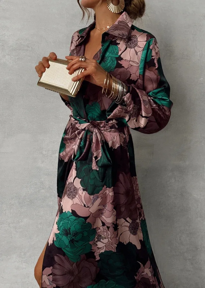 SKMY 2025 جديد فساتين طويلة Y2k ملابس النساء الخريف موضة مطبوعة عالية الخصر الدانتيل متابعة فستان بكم طويل ملابس الحفلات