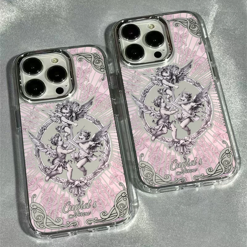 Romantic Cupid Cherub Electroplated Lens Frame Clear Phone Case for iPhone 17 Air 16 15 14 13 12 11 Pro Max XS Max X TPU Cover