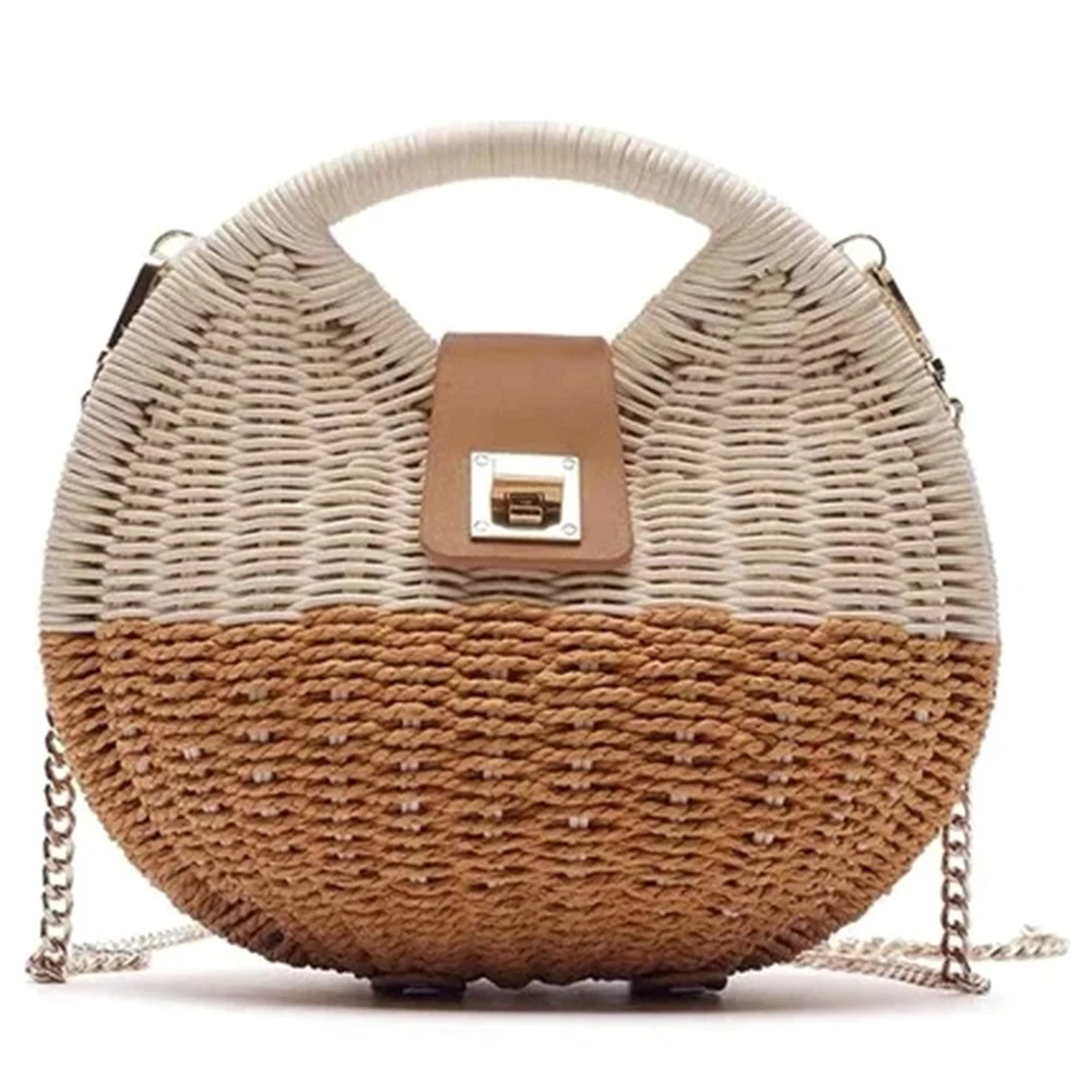 

Hit Color Rattan Woven Bag Shell-Shaped Summer Beach Round Straw Woven Tote Chains Purses and