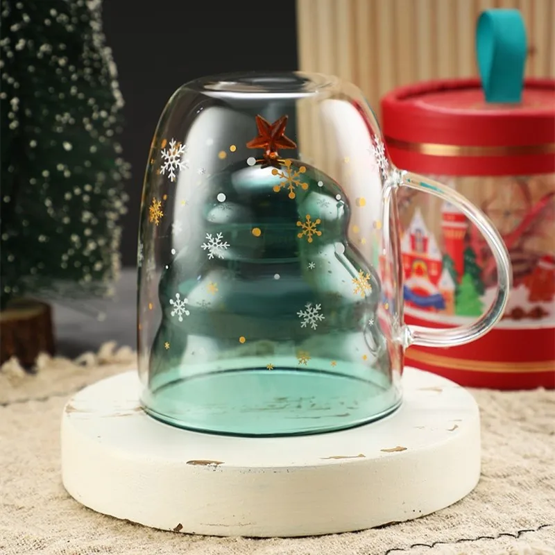 Double Wall Glass Mug with Handle Bear Cat Animal Coffee Christmas Mug Cute Tea Milk Cup Christmas Gifts