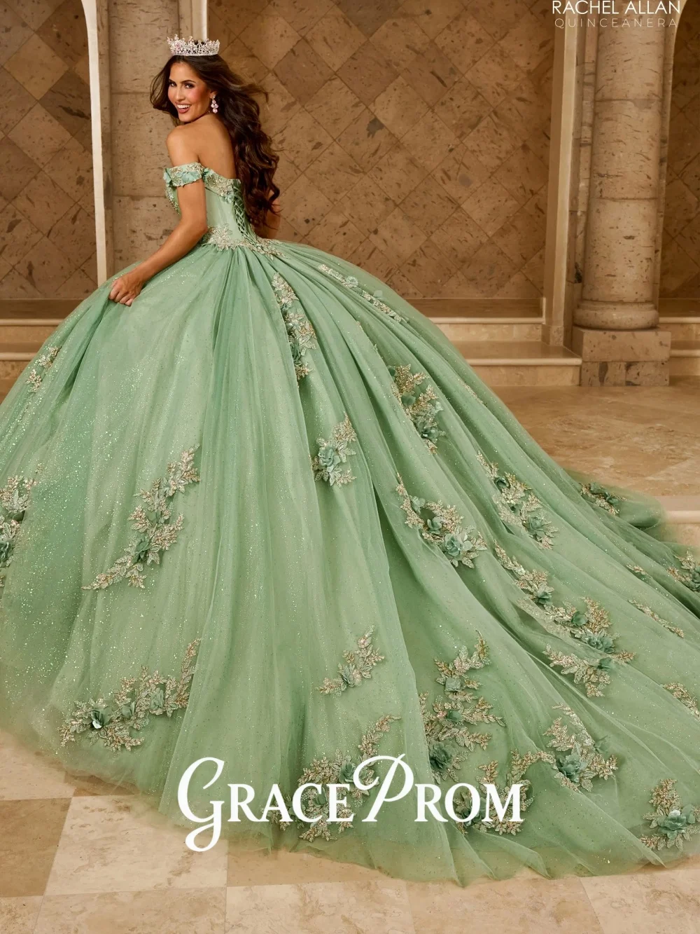 Graceprom luxuoso quinceanera vestidos com fora do ombro corpete apliques florais saia em camadas robe quinceanera personalizado