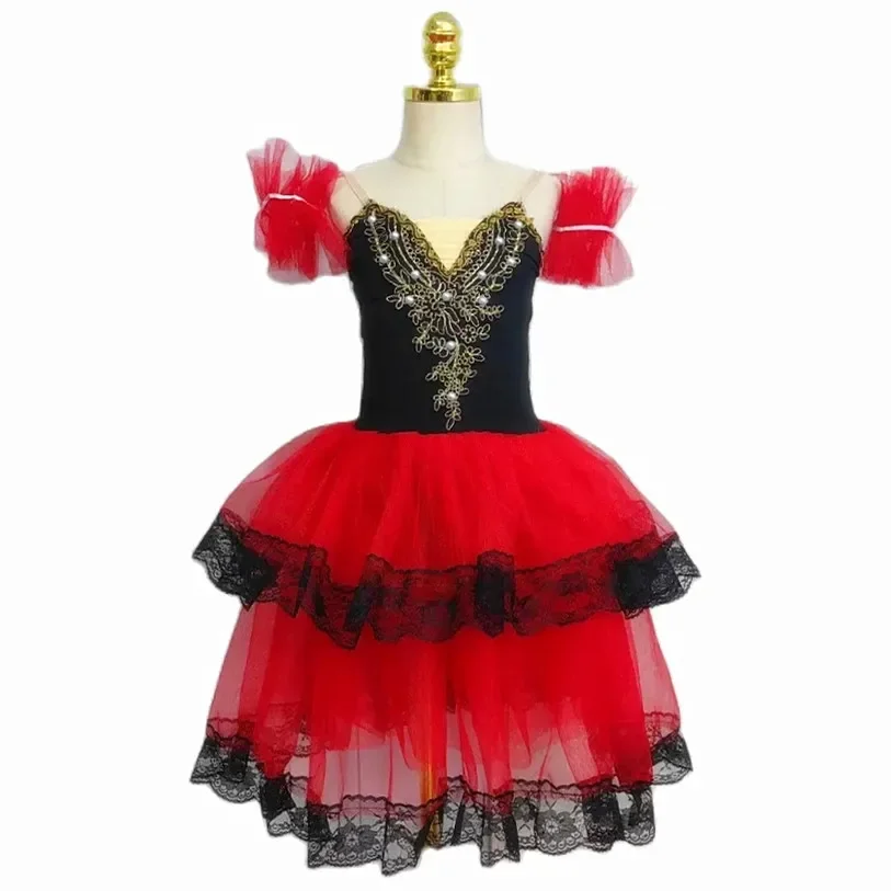 

Spainish Red Ballet Tutu Skirt For Girls Soft Tulle Long Dress Ruffles Tutus Performance Costumes