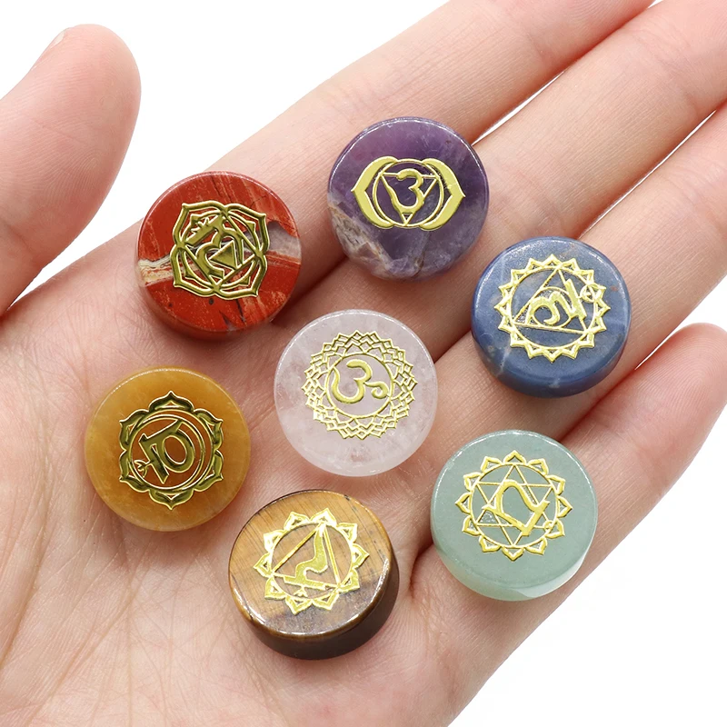 Seven Chakras Flat Round Beads Piece Healing Yoga Stone Natural Stone Spirit Mineral Gem Crafts Home Decoration Pendant