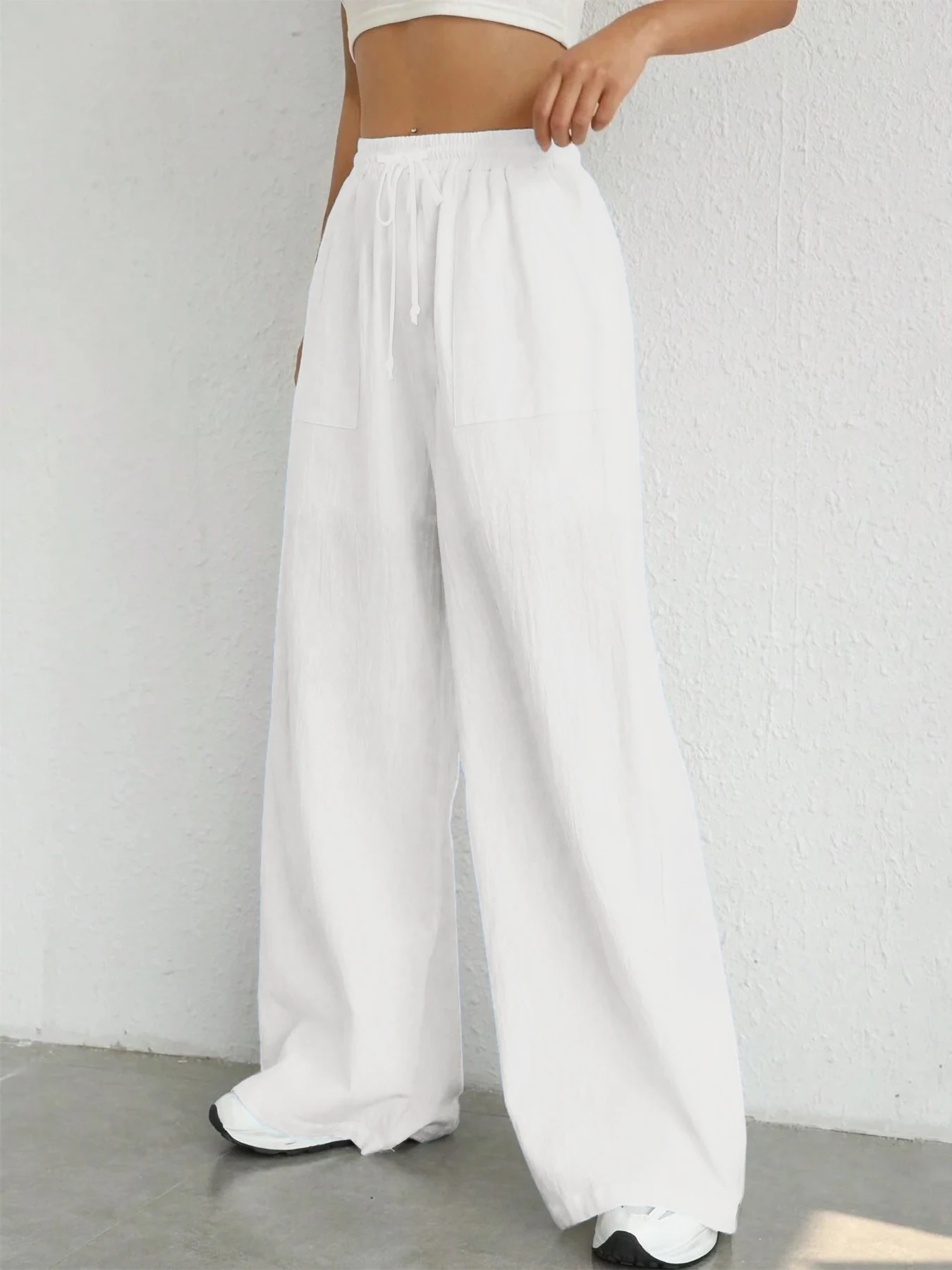 Damen-Hose in Unifarbe, lockere Hose mit weitem Bein, lässige Hose mit Kordelzug, gerade Hose mit Taschen, lässige Hose, lockere Hose mit hoher Taille – Detail 3