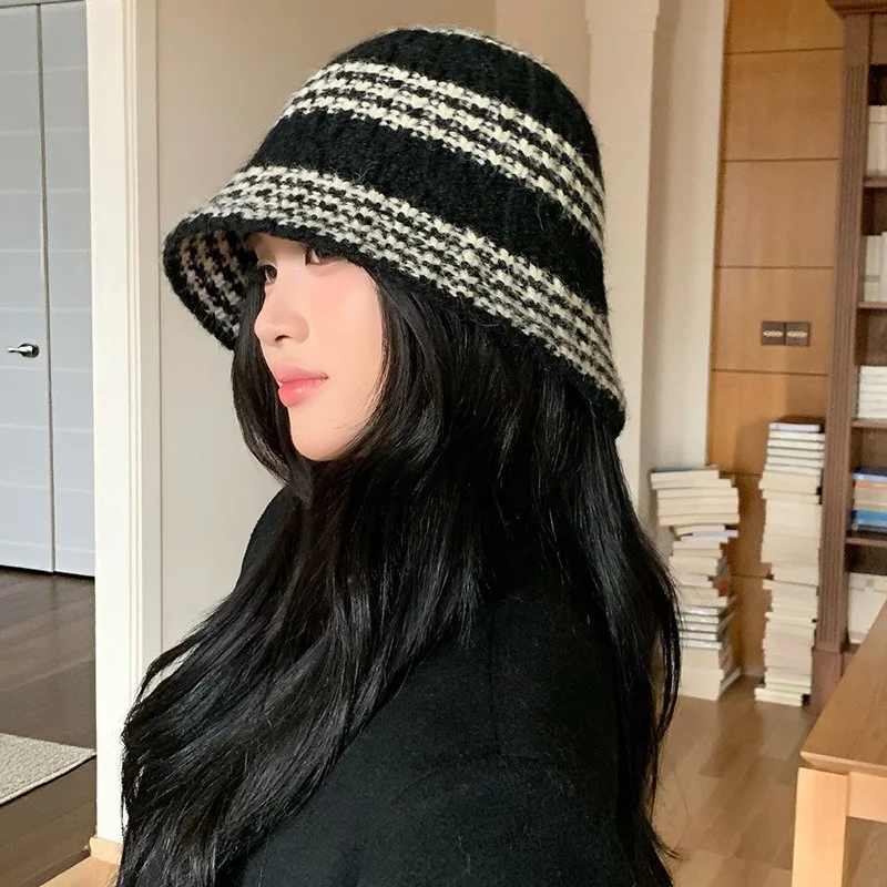 Winter Striped Knitted Bucket Hat Women Big Head Friendly Warm Cap Шапка Вязаная Thick Ear Protection Panama Fisherman Hat