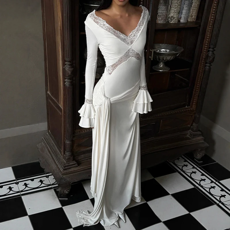 

Tornova Autumn New Sexy Lace Maxi Dress Female V neck Long Sleeve Slim Elegant Dress Evebning Party Outfits Lace Up Fashion Lady